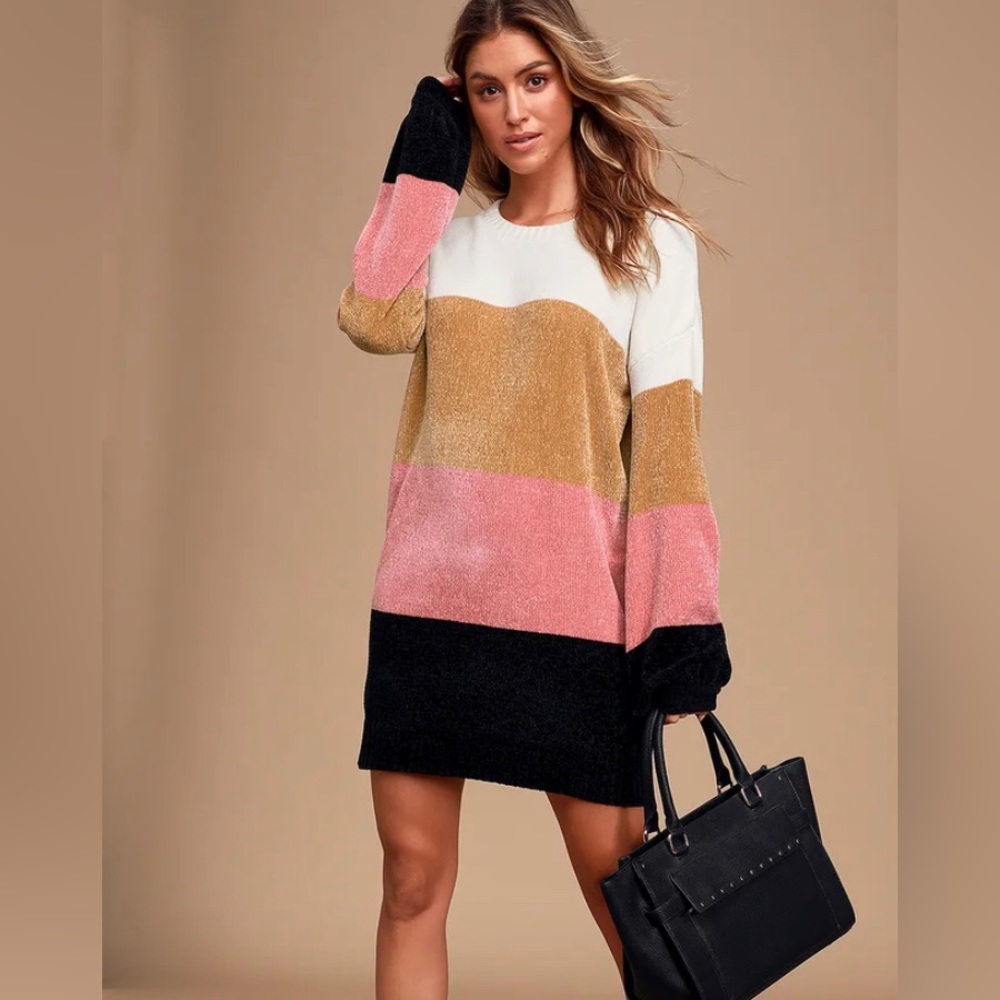 Lulus Call it Even Ivory Multi Color Block Chenille Sweater Dress